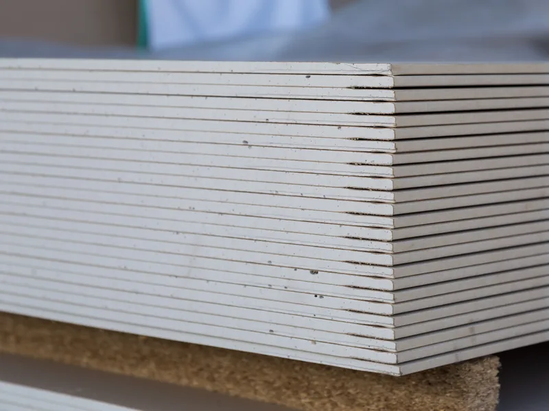 The cut edges of a stack of gypsum drywall panels seen close up