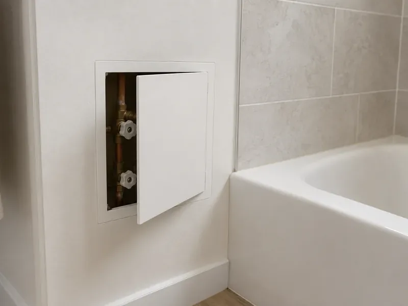 A white access panel set into a tiled wall beside a bathtub