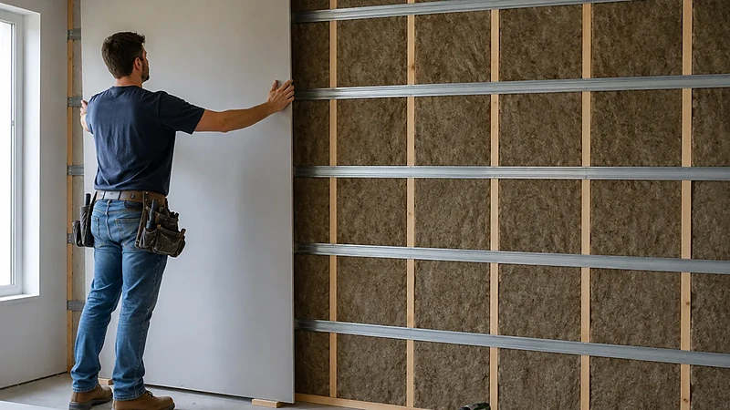 Sound-damping wall assembly: mineral wool packed between studs before the acoustic board goes on