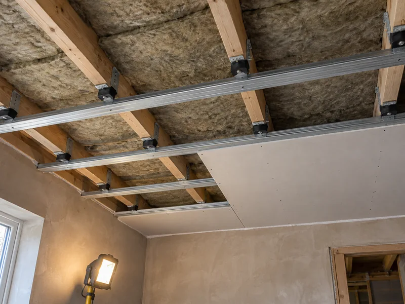 Resilient channel screwed across ceiling joists over mineral wool, added over a room that is already built