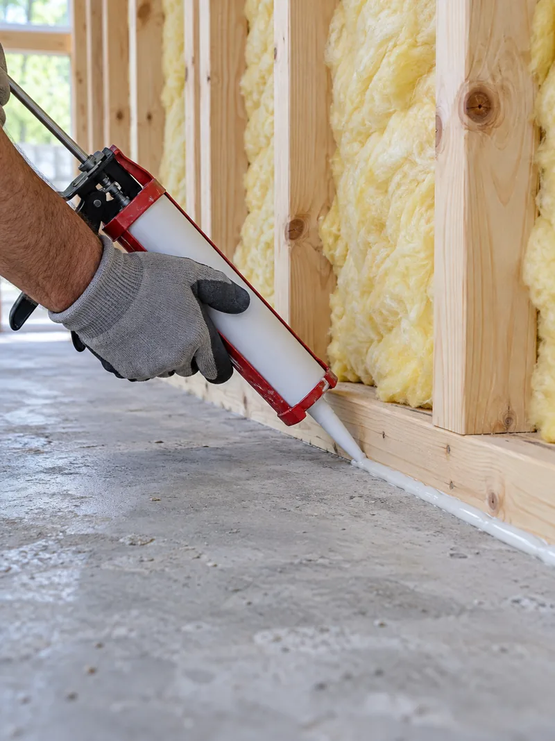 A caulking gun laying a bead of sealant where the bottom plate meets the slab, air sealing rather than insulating