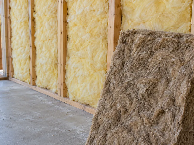 A mineral wool batt leaning in front of a wall whose bays are filled with fibreglass