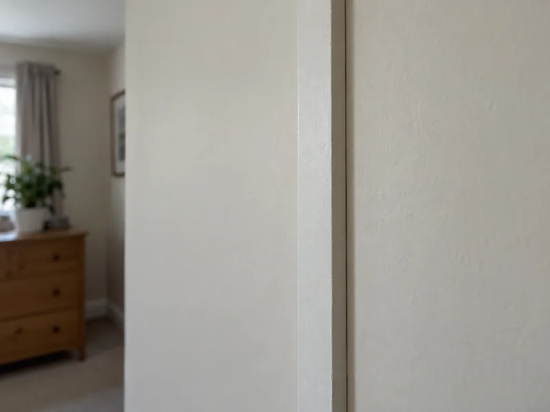 A painted batten strip running down a wall over a drywall panel joint beside a chest of drawers