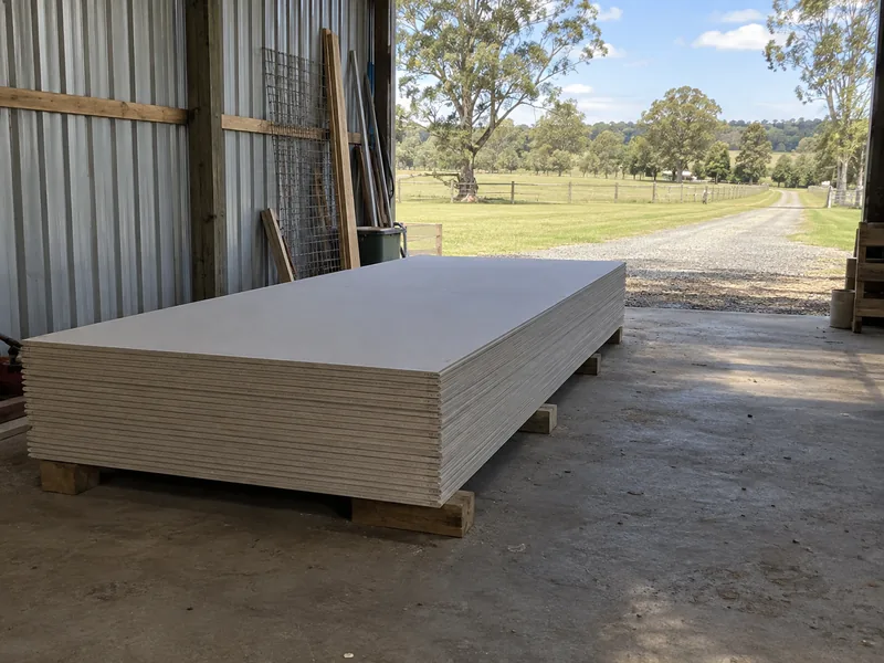 A stack of gypsum drywall panels on pallets under an open metal shelter, staged before they go inside