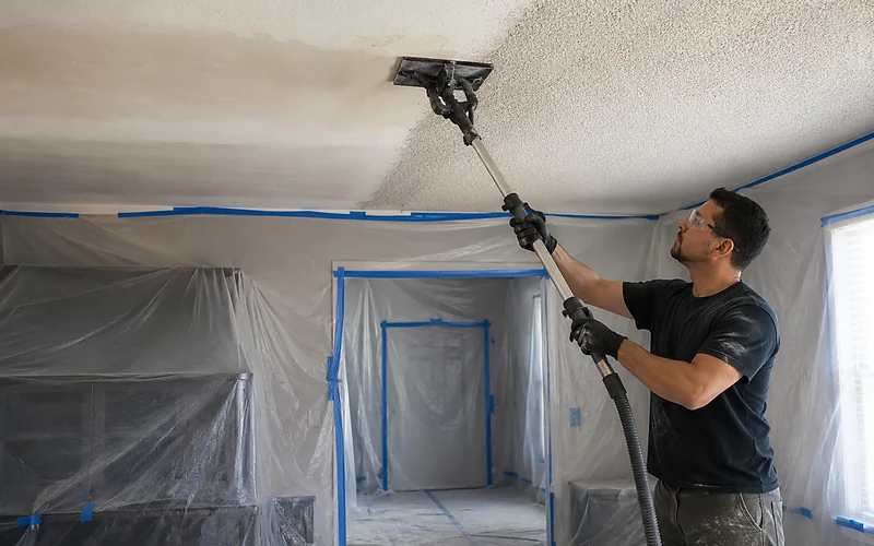 A sprayed popcorn ceiling texture seen close up