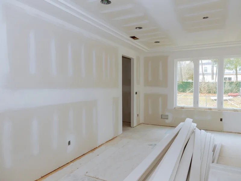 A large boarded room with unused panels stacked flat, kept off the slab while they acclimatise
