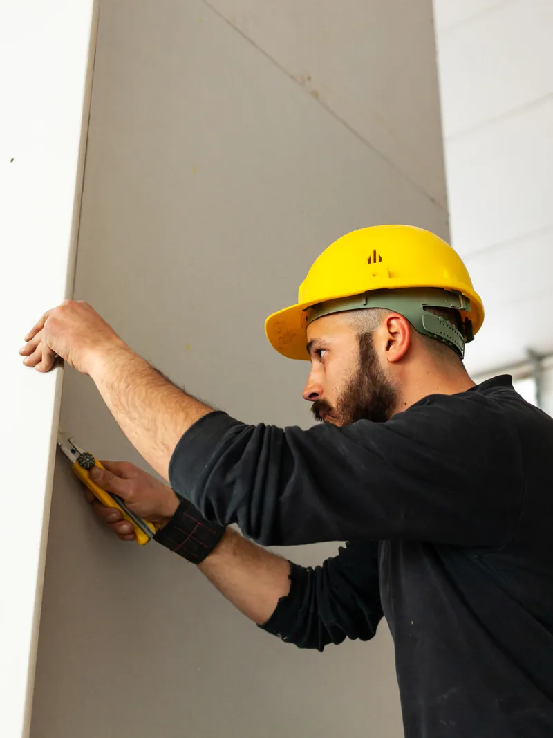 A worker scoring a drywall panel held upright, cutting it to size on site