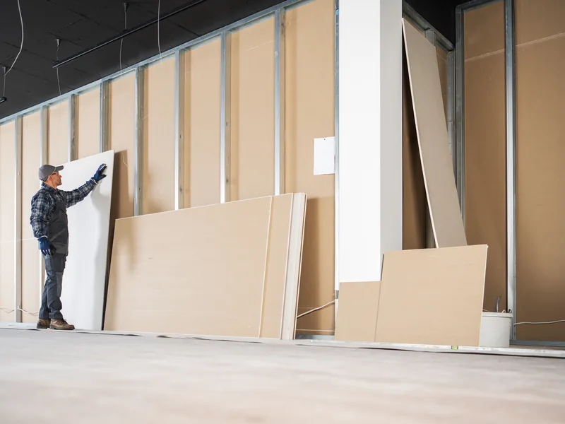 A worker steadying a drywall panel against steel studs in a long commercial space