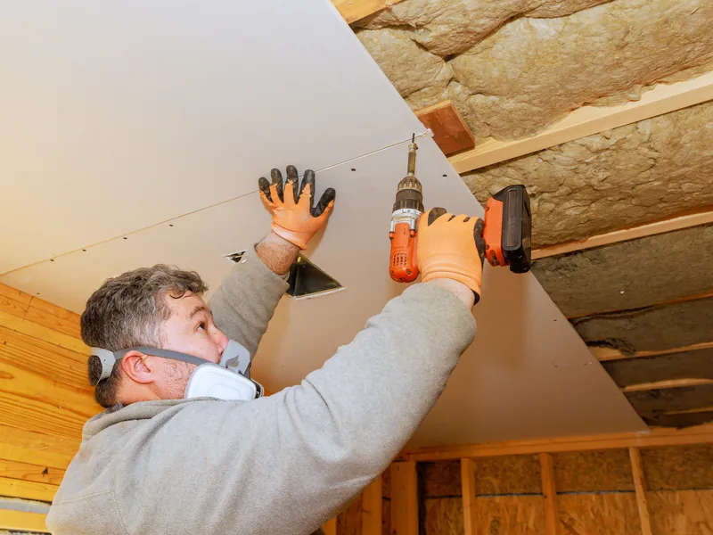 A worker boarding a ceiling over insulated joists, the depth the R-value depends on