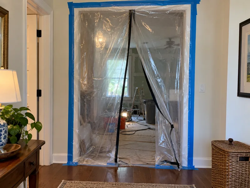 A doorway sealed with taped polythene and a zipper closure, the hallway side furnished and the room beyond under drywall work