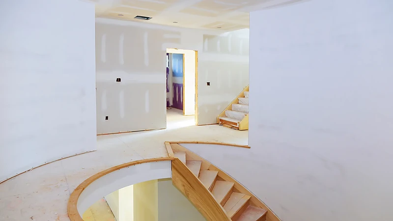 Flexible board formed to a curved stairwell wall and taped
