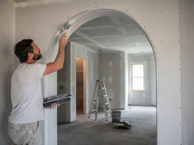 A worker running a knife around the curve of a newly boarded drywall archway