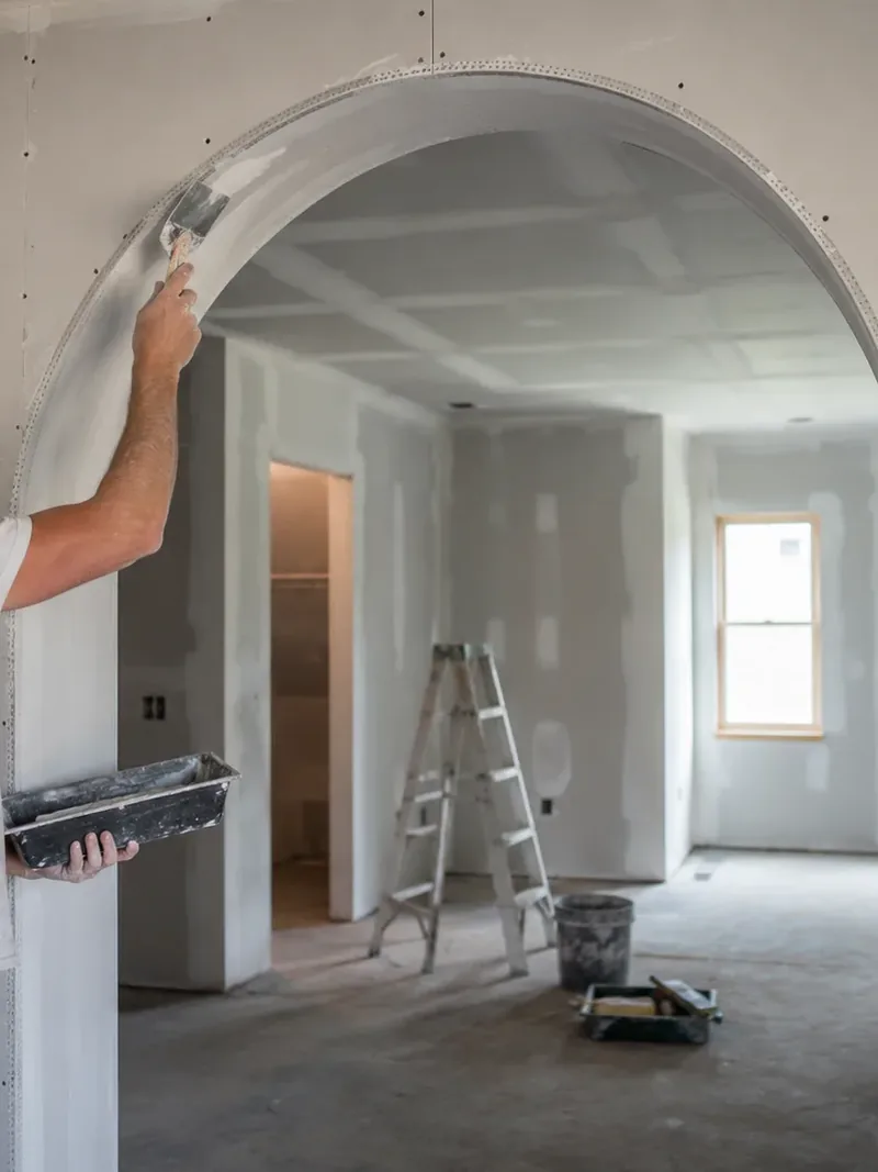 A worker running a knife around the curve of a newly boarded archway