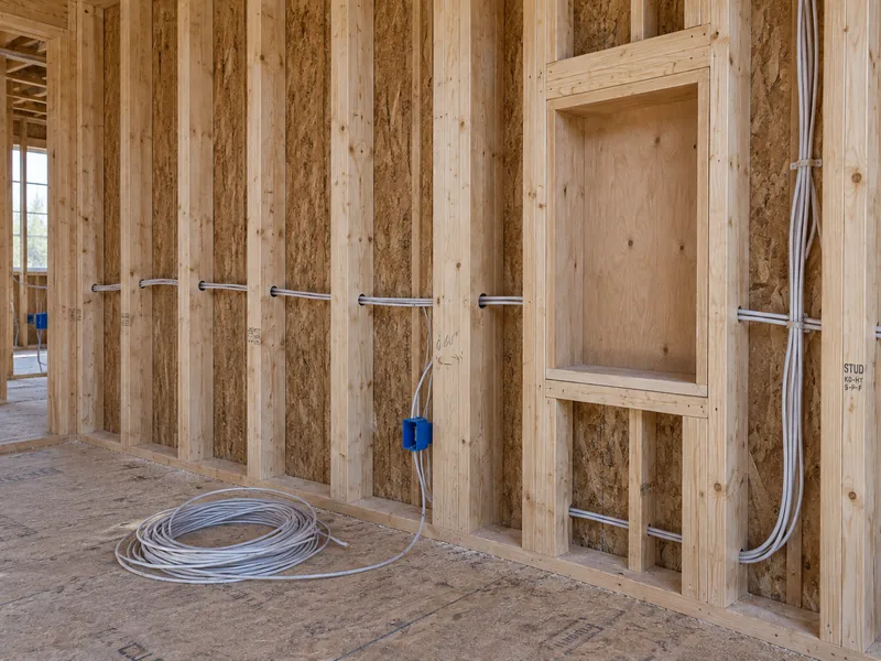 A framed wall niche with cable run through the bored stud bays before the board goes on