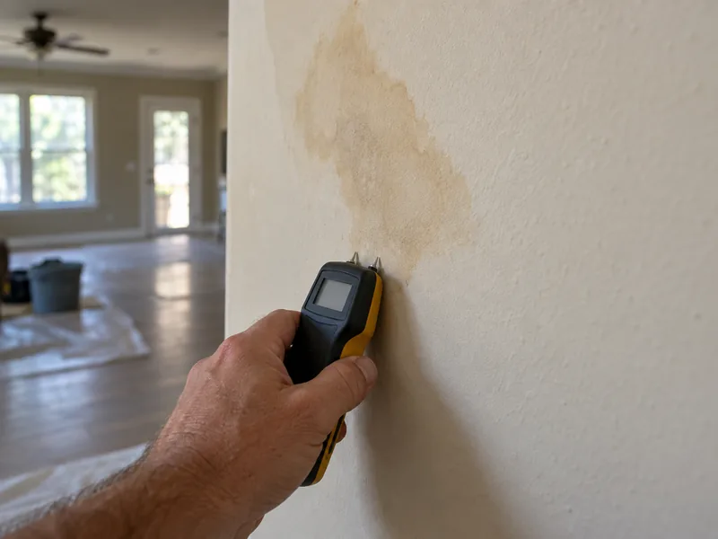 A two-pin moisture meter held against a wall below a soft brown stain