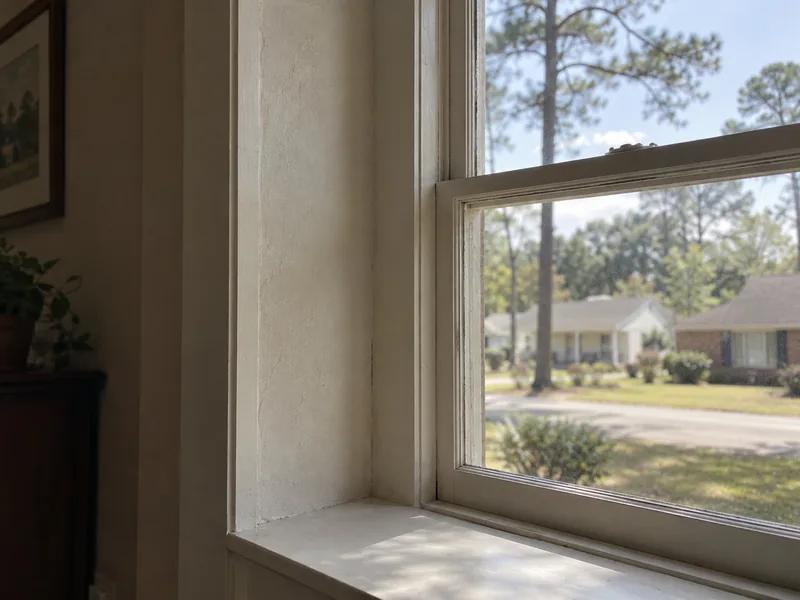 A window set in a deep wall reveal with its original casing, looking out to a front lawn