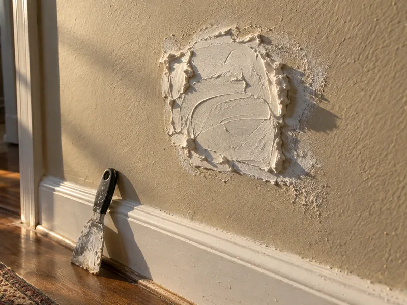 A home-made drywall patch standing proud of the wall with a hard unfeathered edge