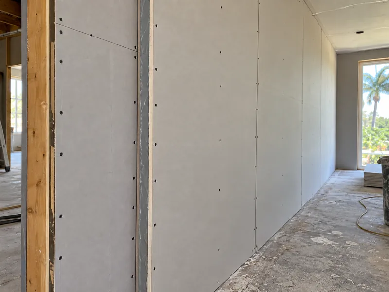 A wall with a second layer of drywall part hung over the first, a grey bed of damping compound at the open edge