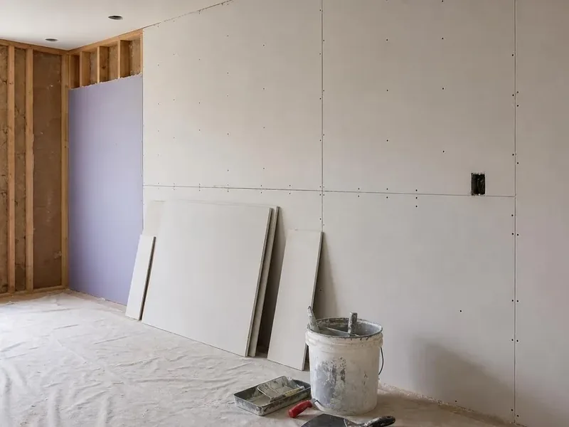 Panels of different drywall types stacked against a wall before hanging