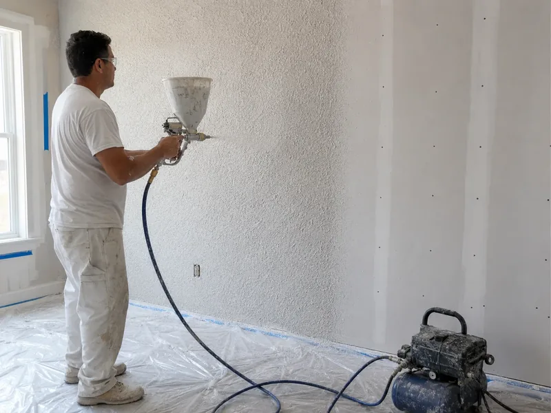 A worker spraying texture onto a wall from a hopper gun to match the finish beside it