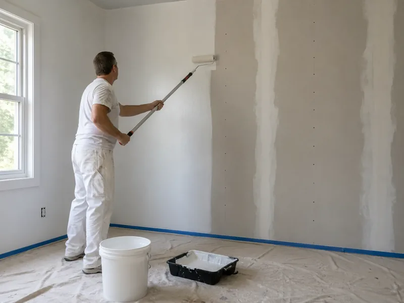 A painter rolling primer onto a wall over floor protection and tape