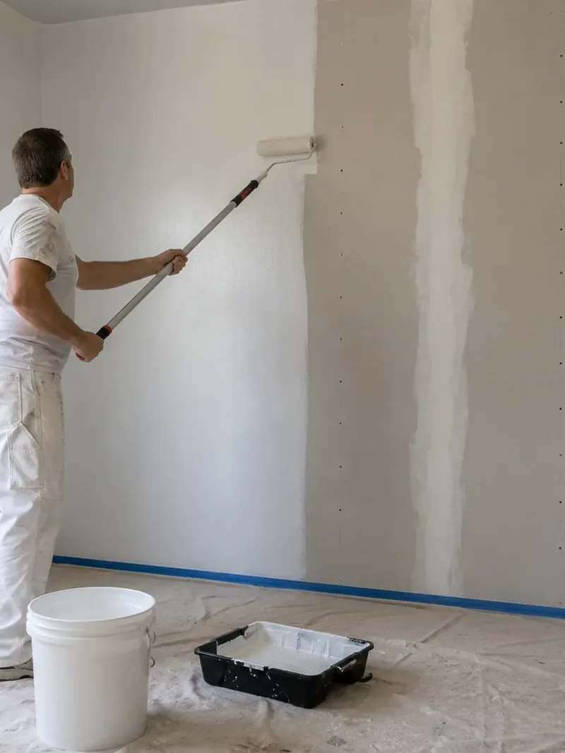 A painter rolling primer onto a wall over floor protection and tape