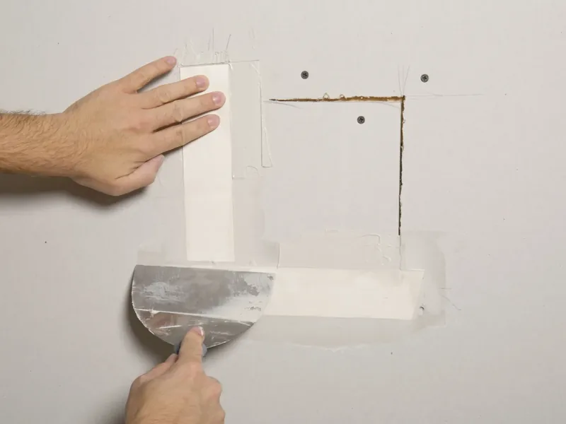 Hands setting a cut drywall patch into a square opening in a wall