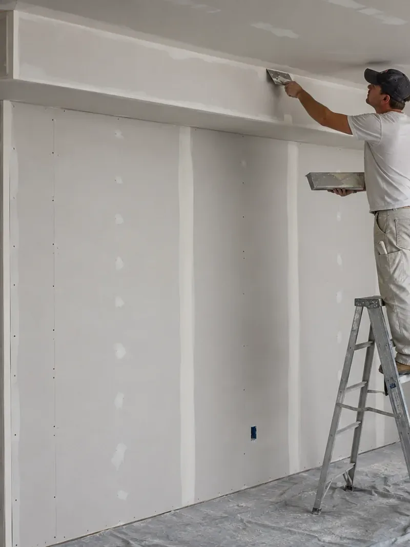 A worker on a ladder finishing the face of a boxed ceiling bulkhead
