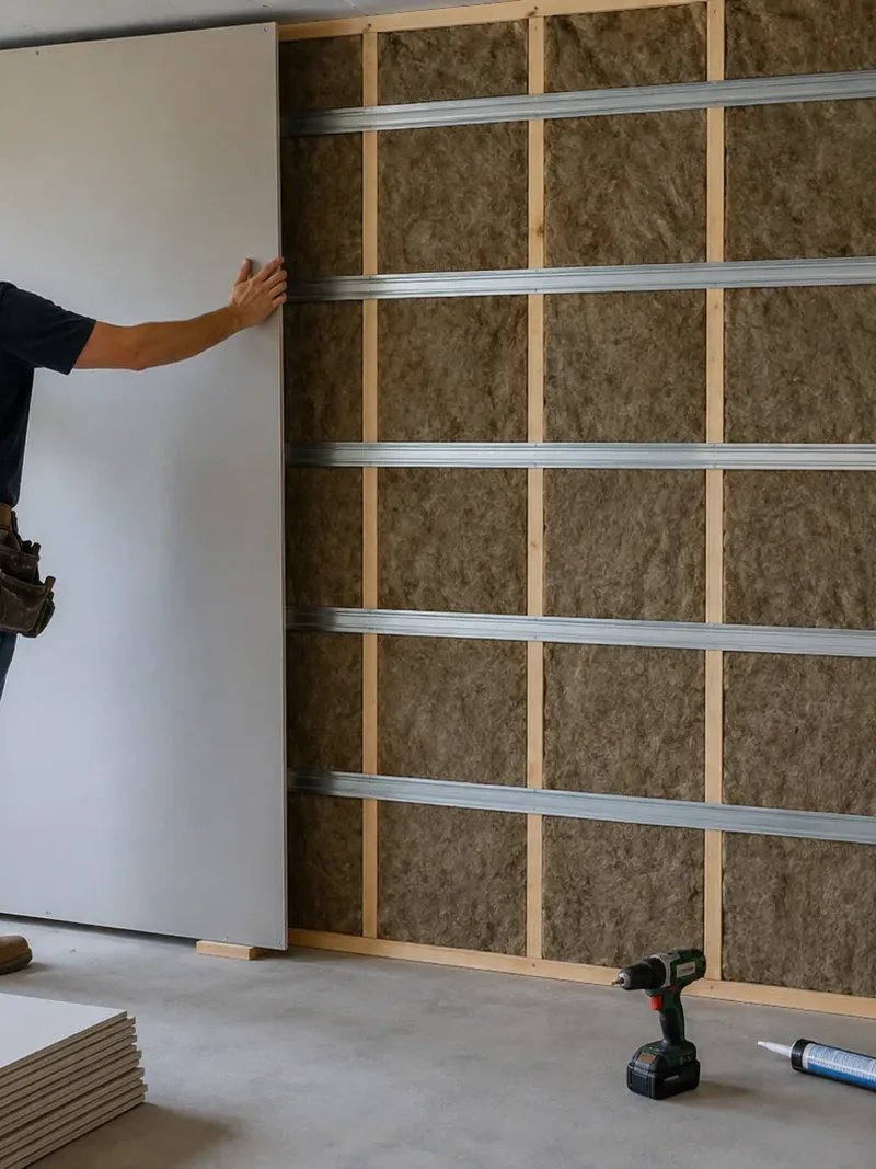 A worker fitting board against a wall lined with channel and mineral wool