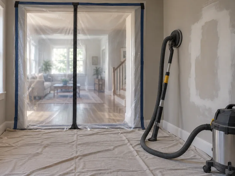 A zip-wall dust barrier sealing a doorway with a vacuum sander on the covered floor
