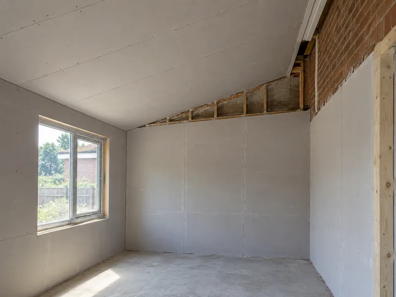 A converted carport boarded out in drywall with a new sloped ceiling against one wall of exposed brick