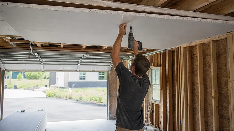 Fire-rated board being hung on a garage ceiling