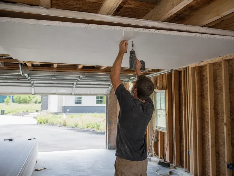 A worker screwing drywall to the ceiling of an open garage
