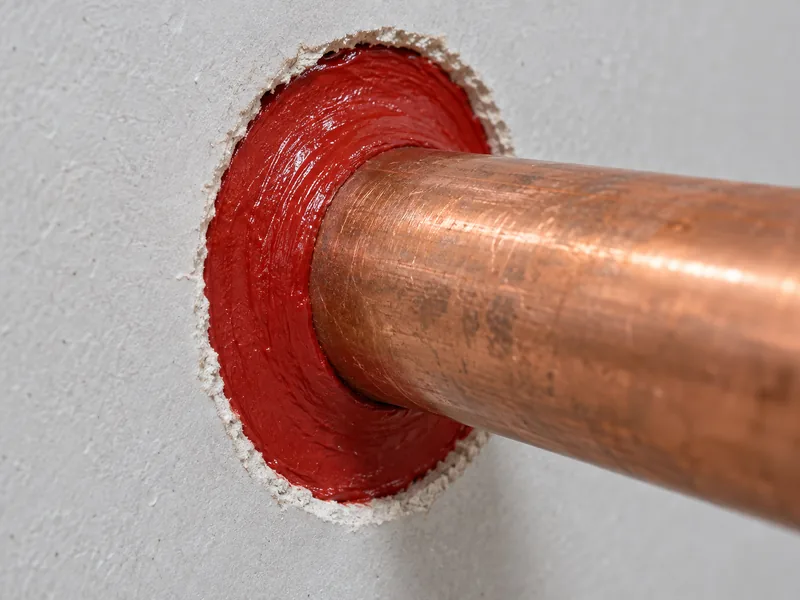 A copper pipe through fire-rated board with the gap sealed by a red firestop collar