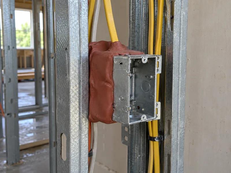 An outlet box on a steel stud with a red intumescent pad moulded around its back, in a commercial partition