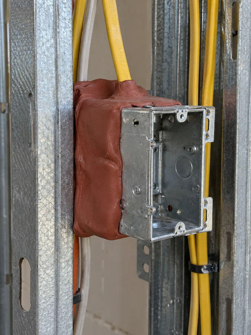 An outlet box on a steel stud with a red intumescent pad moulded around its back and the cable entering it
