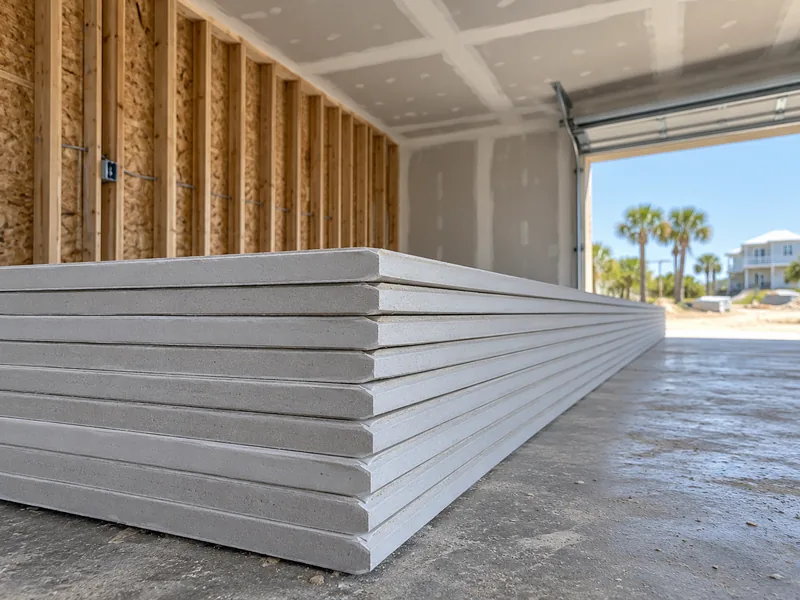 A stack of 5/8-inch gypsum panels on the slab of a part-boarded garage, one load staged where the truck stopped