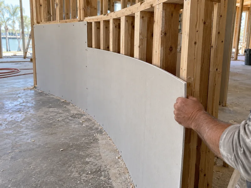 A flexible sheet of board bent around closely spaced studs on a tight arc, held in by hand at the free end