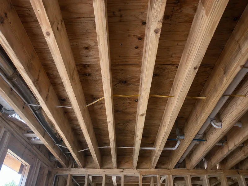Timber floor joists seen from the room below with no ceiling fitted, the cavity sound passes through