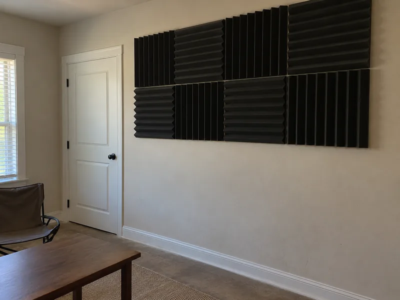 A grid of wedge-profile foam panels stuck to the upper part of one wall in an ordinary furnished room