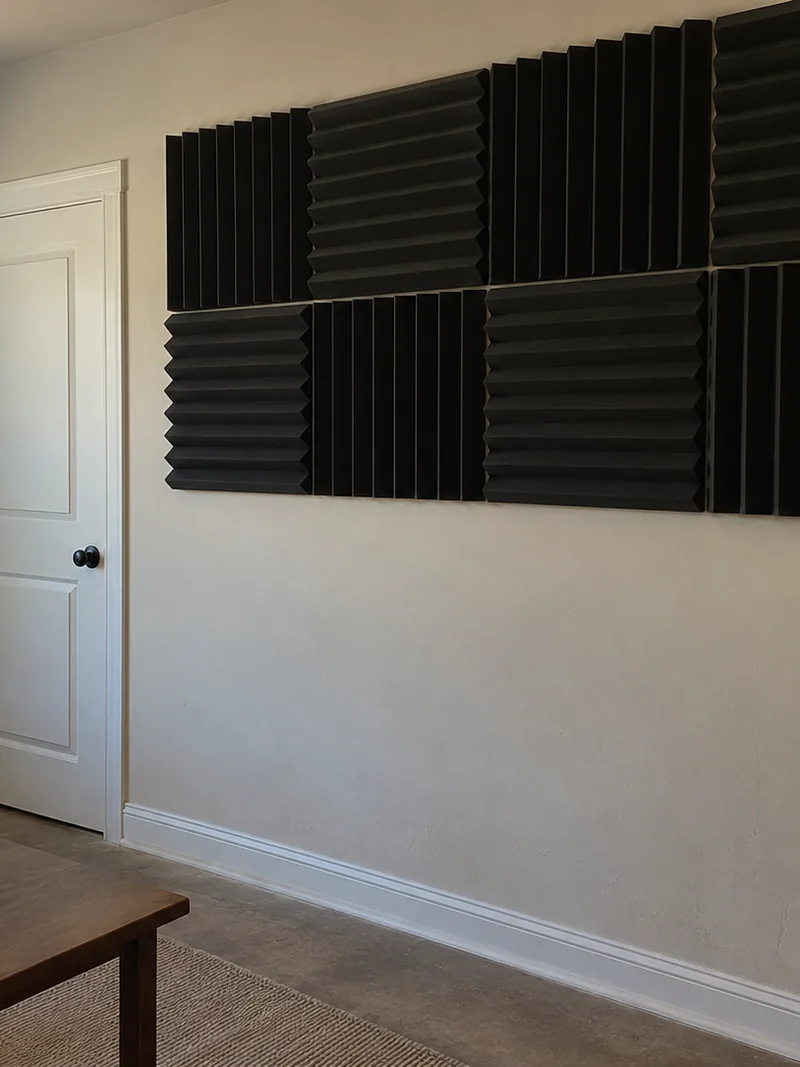 A grid of wedge-profile foam panels stuck to the upper part of one wall in an ordinary furnished room