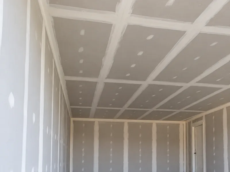 A new garage ceiling boarded out in bare gypsum with the drywall joints carrying their first coat
