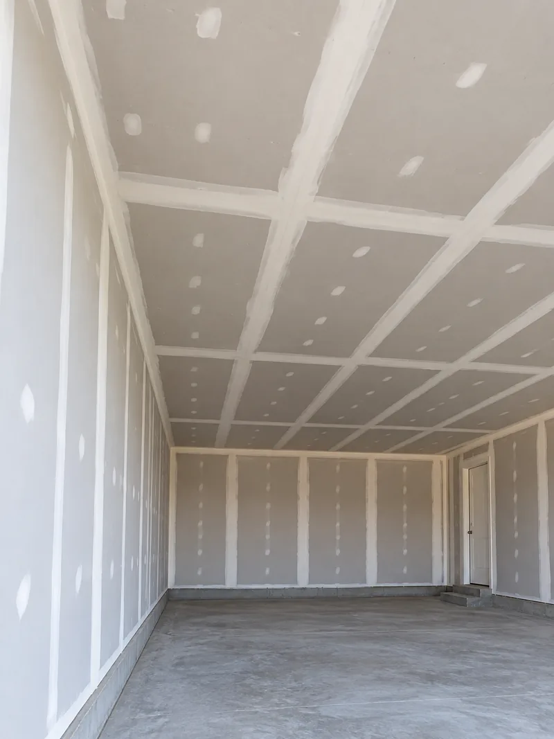 A new garage ceiling boarded out in bare gypsum with the joints carrying their first coat