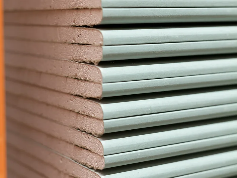 A stack of green-faced moisture-resistant drywall panels seen end-on