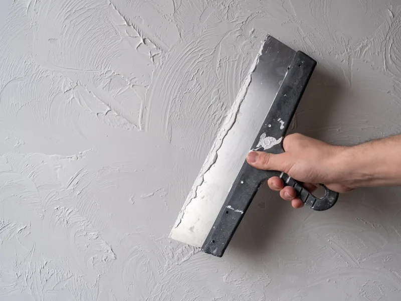 A knife drawn across a wall that already carries a hand-applied texture, matching the finish beside it