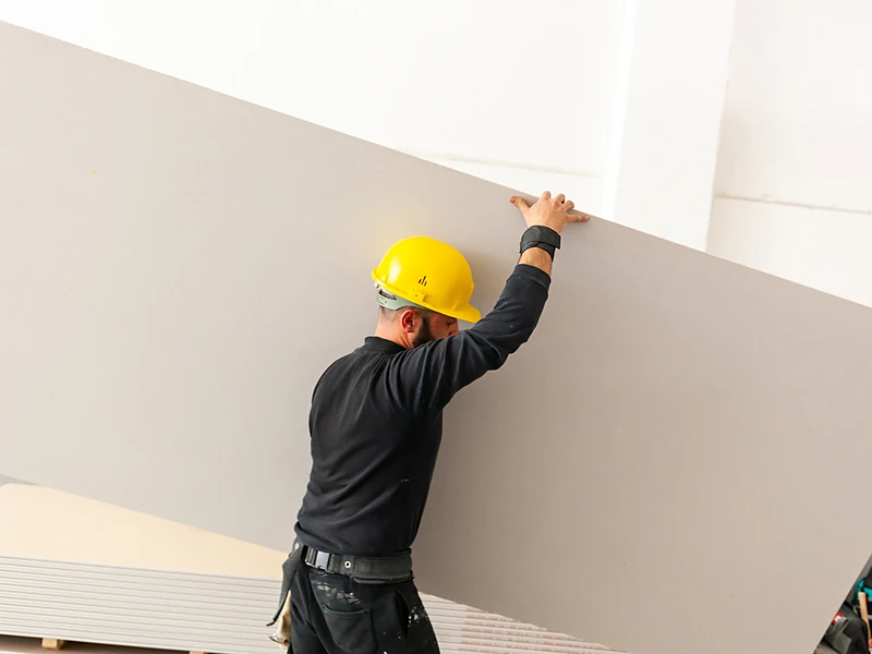 Installer lifting a full drywall panel into place against a new wall
