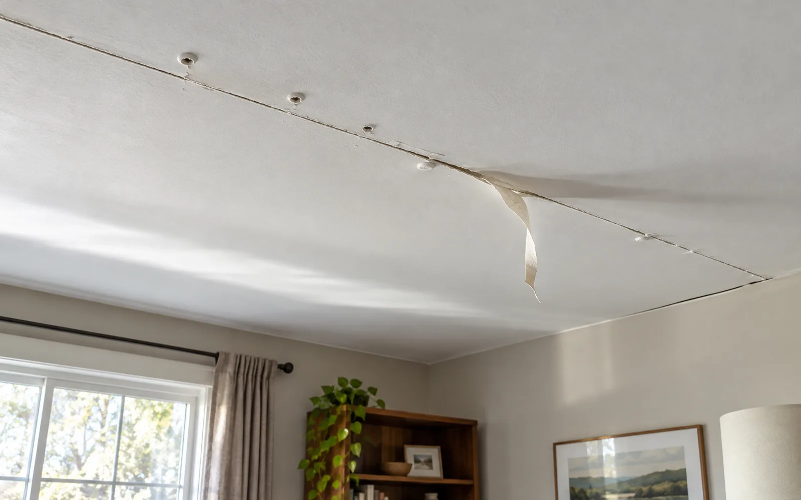 A ceiling drywall seam cracked open with the joint tape lifting away, ready for repair