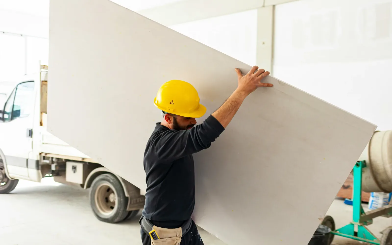 A worker lifting a single drywall panel down beside a flatbed truck
