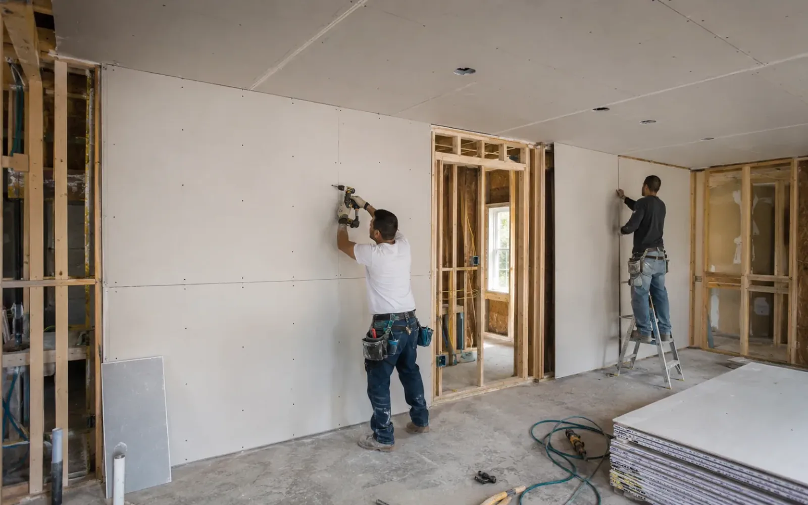 A worker hanging a drywall panel on the open timber framing of a new room