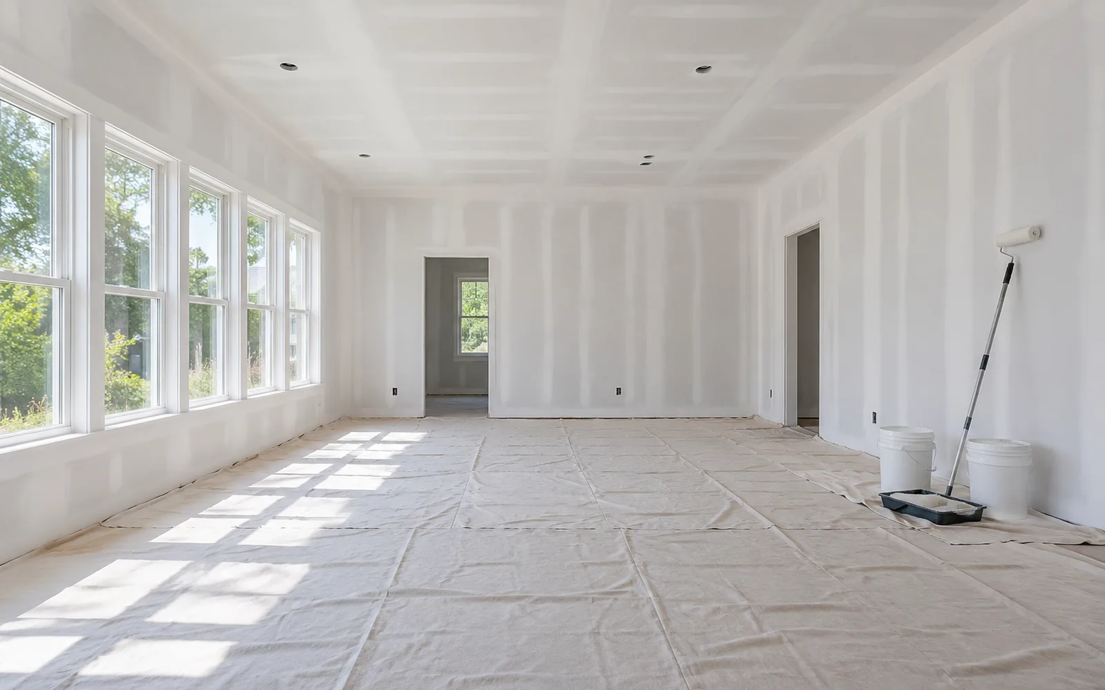 A large room rolled out in primer with the floor sheeted end to end before painting